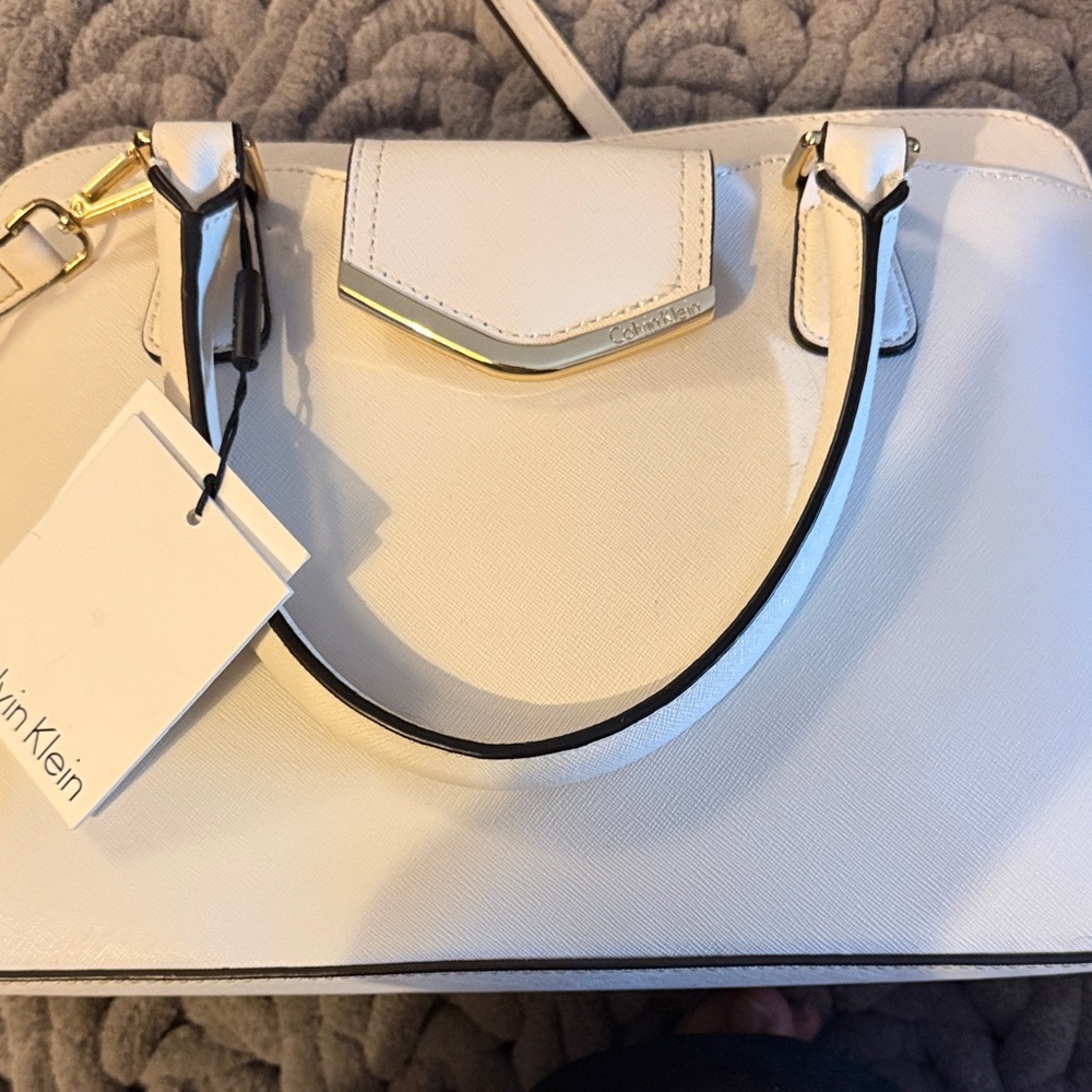 Calvin Klein White Saffiano Satchel with Gold-Tone Trim
